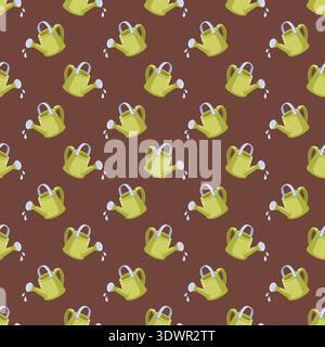 Seamless gardening pattern with green watering can with water drops on brown background. Vector seasonal print. Stock Vector