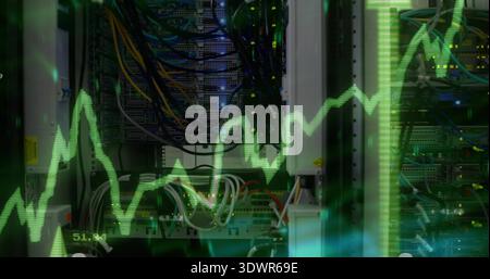 Showing server rack hosting switches, patch panels and bundled cables in data center, green overlay Stock Photo