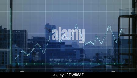 Displaying fluctuating cyan line graph over upper-floor office window showing grid, crane, rooftops Stock Photo