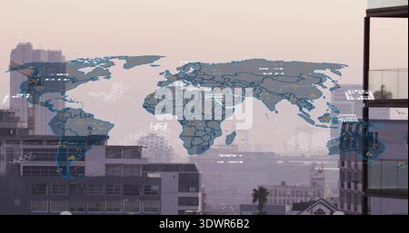 Displaying translucent world map overlay spanning hazy urban rooftop skyline, with network nodes Stock Photo