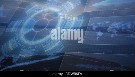 Displaying left-side translucent radar HUD with concentric rings over coastal dusk, data panels Stock Photo