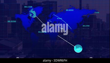 Displaying stylized world map showing white links and cyan labels over city skyline with avatar Stock Photo