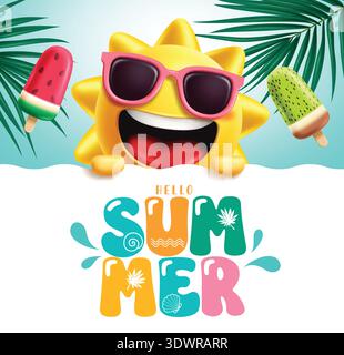 Summer Sun character clipart template. Hello Summer greeting text colorful clip art with happy Sun Character emoji face and popsicle elements Stock Vector