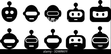 AI Robot Bot Face Icon Set, 10 Cute Minimal Solid Black Chatbot Head Mascot Icons for Technology App UI Stock Vector