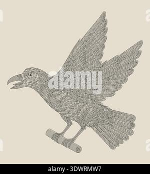 Raven bird bringing a letter, Vintage engraving drawing style illustration Stock Vector