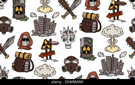Vector post-apocalyptic doodle pattern. Radioactive fallout. Texture with a gas mask, explosion, and destroyed city. Wallpaper background. Stock Vector
