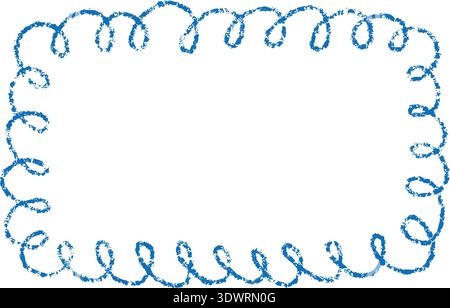 Crayon doodle scalloped frame. Chalk wavy hand drawn border. Blue cute rectangle photo frame with crayon texture. Wavy sketch line mirror border Stock Vector