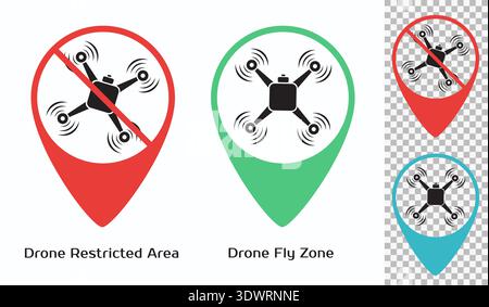 Drone location pointer icons set for fly zone and restricted area map markers. Red and green gps pin navigation symbols Stock Vector