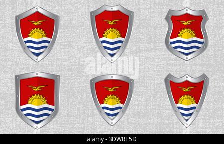 Vector set of metal shields with the Kiribati flag and shadow Stock Vector