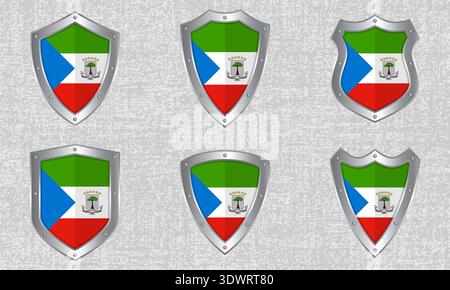 Vector set of metal shields with the Equatorial Guinea flag and shadow Stock Vector