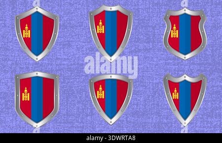 Vector set of metal shields with the Mongolian flag and shadow Stock Vector