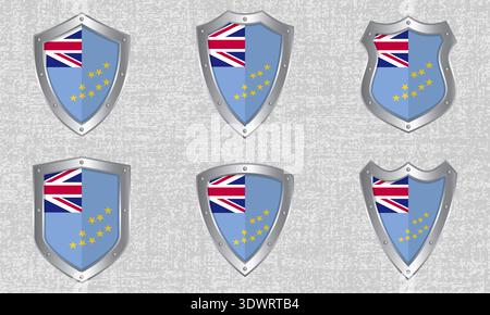 Vector set of metal shields with the Tuvaluan flag and shadow Stock Vector