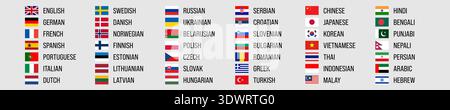 World main languages. Set of 42 language labels with flag and English name. Vector icon and text. Applicable to product labeling, translators, communication templates. Stock Vector