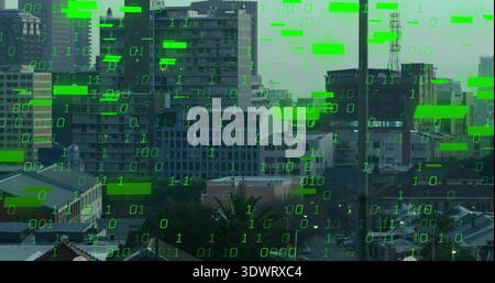 Displaying downtown skyline with roofs, chimney, antenna on mid-high towers, green binary overlay Stock Photo