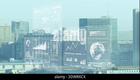 Projecting translucent holographic panels and globe over downtown skyline, showing charts Stock Photo