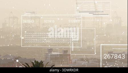 Displaying translucent digital overlay at port, showing cranes, ships, data panels, numeric 267843 Stock Photo