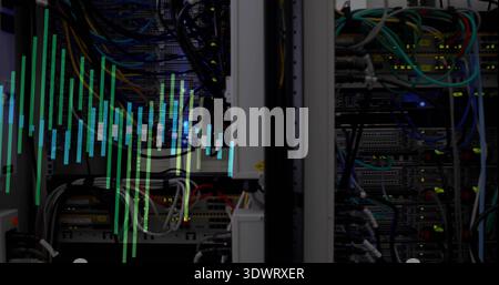 Showing server rack with switches and colored Ethernet cables in data center aisle, glowing LEDs Stock Photo
