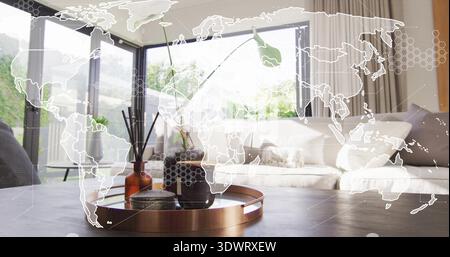 Displaying tray with vase, diffuser, container, coaster on wooden table in living room, map overlay Stock Photo