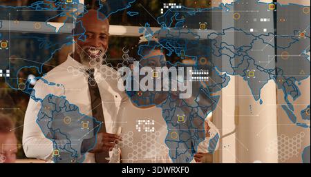 Smiling couple in formal attire embracing at reception, woman holding stemmed glass, map overlay Stock Photo
