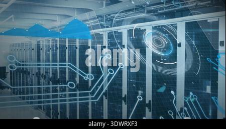Showing central server racks displaying LED status lights in data center, overlaying circuit traces Stock Photo