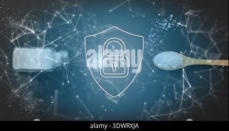 Glowing shield with lock on studio blue backdrop, network overlay, salt spilling left, spoon right Stock Photo