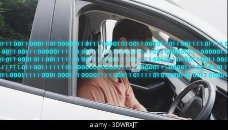 Sitting man wearing salmon T-shirt checking center console inside parked car, cyan binary overlay Stock Photo