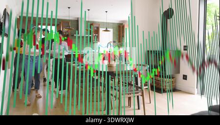 Showing dining table with woven chairs and plant in kitchen, displaying financial chart overlay Stock Photo