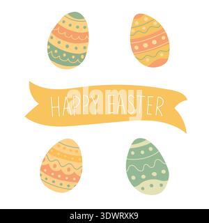 Happy Easter ribbon banner with patterned eggs, cheerful typography layout for greeting cards, April promotions, festive branding and celebration Stock Vector