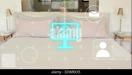Featuring neat bed with pale pink pillows occupying center in bedroom, with floating digital icons Stock Photo