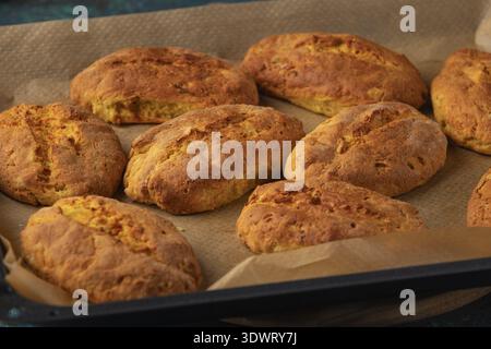 Freshly baked potato rolls on a baking tray lined with baking paper Stock Photo