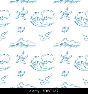 Seamless whimsical pattern with sea waves, seashells and starfish Stock Vector