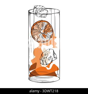 Vector Long Island Iced Tea with orange citrus wedge, ice cubes in highball glass hand drawn in ink. Amber tones and subtle transparency effects for Stock Vector
