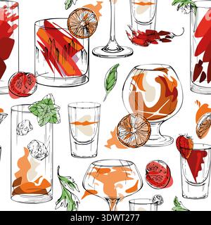 Wine, ice tea, whisky or cognac balloon glass, orange red cocktail tile with citrus slices. Seamless hand drawn ink pattern for lifestyle prints Stock Vector
