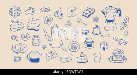 Set of breakfast whimsical doodles. Hand drawn food elements for morning meal design Stock Vector