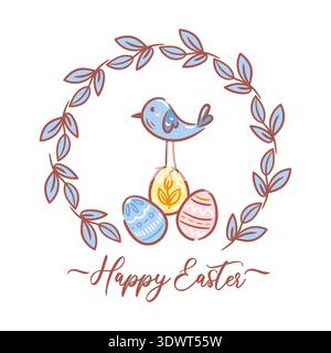 Sketchy vector illustration of an Easter wreath with a bird and eggs. Features hand-drawn textured lines, artistic pencil strokes, and soft watercolor Stock Vector