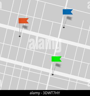 Colored flag shaped map pins on arbitrary scheme. Tacks for color marking, coding, categorizing on paper Stock Vector