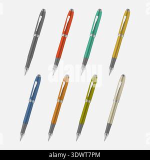Colored metal pen isolated on gray background, vector mock-up set Stock Vector