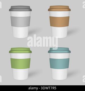 White coffee cup with colored lid and protect sleeve, mock-up set. Travel eco mug, mockup. Vector template Stock Vector