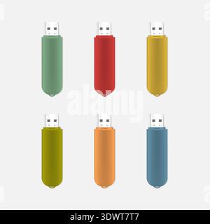 Colored USB flash drive, realistic vector mock-up set. Stock Vector