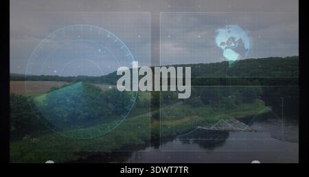 Displaying HUD overlay over rural riverscape, curved river, grassy banks, riprap, radar Stock Photo