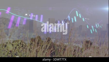 Displaying cyan line chart with teal candlesticks over bay skyline, grassy bluff, numeric labels Stock Photo