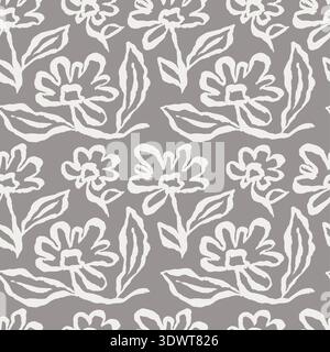 Seamless monochrome pattern with hand drawn abstract flowers. Artistic white brush strokes floral design in modern minimalist style Stock Vector
