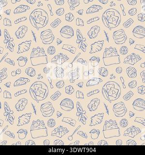 Seamless pattern of bakery whimsical doodles. Hand drawn food elements for morning meal design Stock Vector