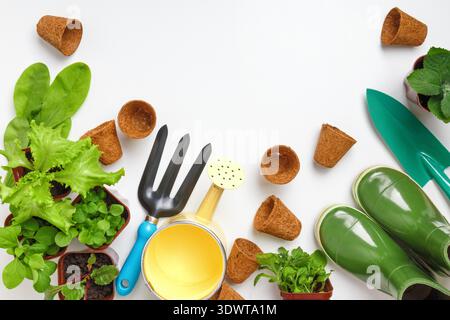 The concept of gardening and spring work. Tools and plants flowers in pots on the table. Stock Photo