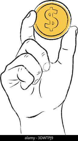 Hand holding a golden dollar coin, hand-drawn sketch illustration on white background. Stock Vector