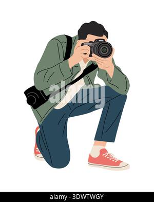 Professional photographer kneeling with a camera Stock Vector