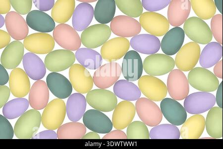 Colorful pastel Easter eggs arranged in a seamless pattern on a white background, featuring various shades of pink, blue, green, yellow, and lavender Stock Photo