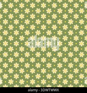 Seamless daisy floral pattern on green background natural organic style repeat for fabric wallpaper and surface design Stock Vector
