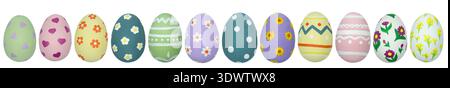 Colorful decorated Easter eggs in various patterns and colors arranged in a row on a transparent background, showcasing springtime holiday themes and Stock Photo