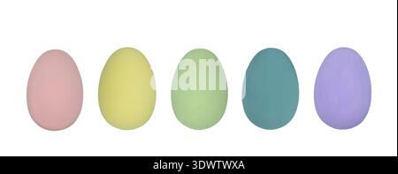 Five pastel-colored eggs in shades of pink, yellow, green, blue, and purple arranged in a row against a transparent background for seasonal decoration Stock Photo